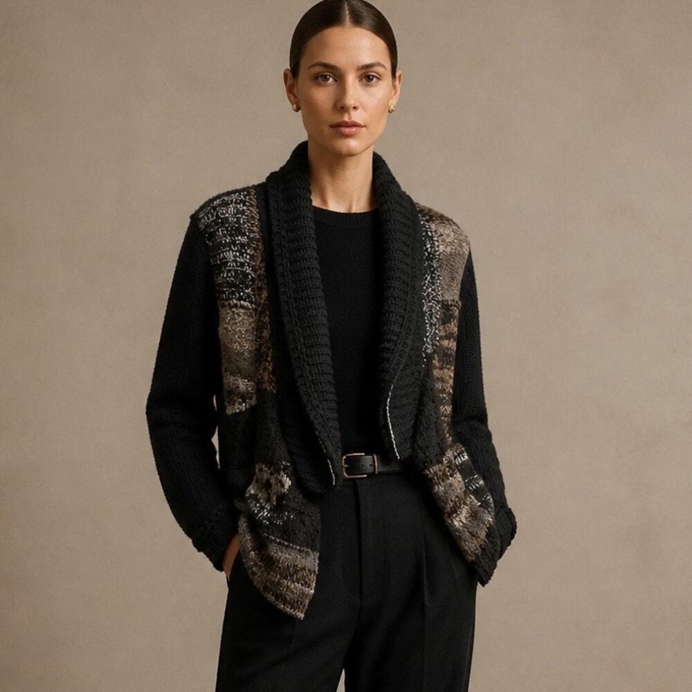 Silvia Novelli Wool Blend Open Front Black Chunky Cardigan Sweater Womens Medium